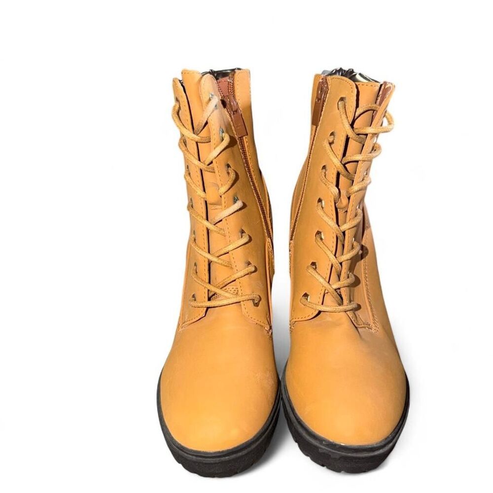 Tan leather lace-up boots with chunky heel